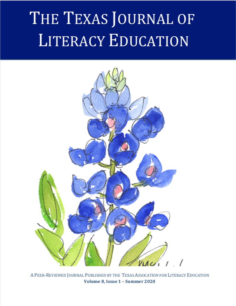 Cover image of TJLE Volume 8 Issue 1 with image of a watercolor bluebonnet in the center